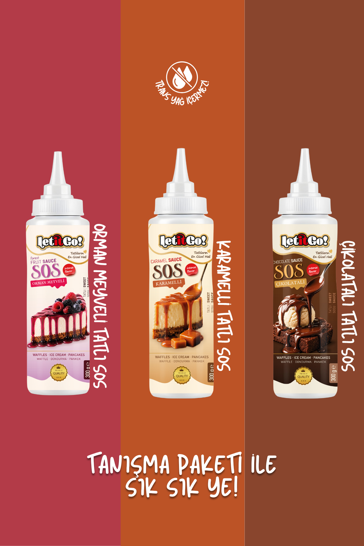 12 Let İt Go Tatlı Sosu Tanışma Paketi (Orman Meyveli-Karamelli-Çikolatalı) 300 gr x 3 Adet - Waffle & Pankek & Krep - Görsel 1